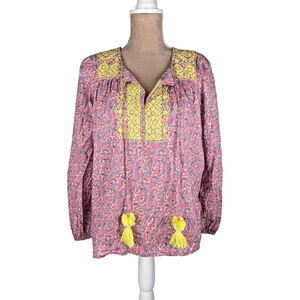 J Crew Starina Pink Floral Print Yellow CrossStitch Embroidered Top Blouse Small